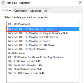 MS OLE DB Driver for SQL Server selection